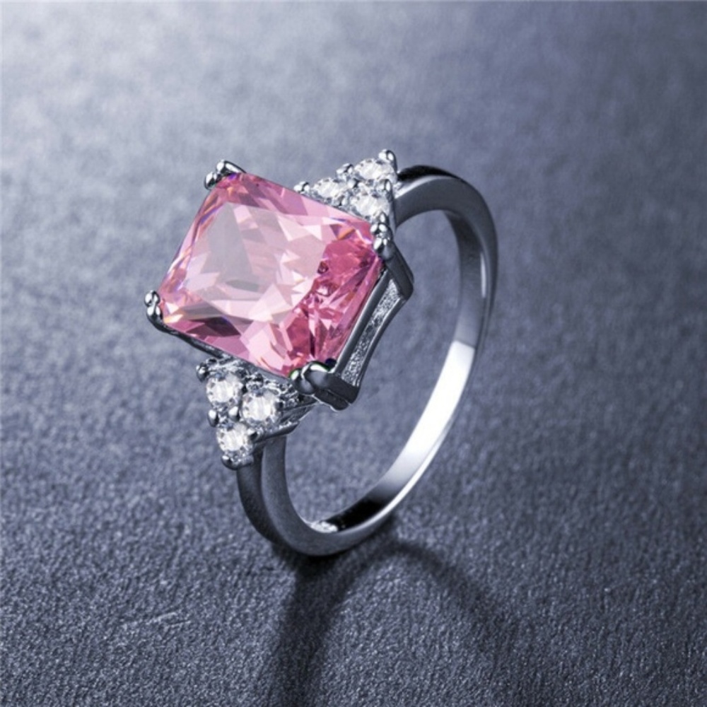 Elegant 925 Silver Princess Cut Pink Sapphire Ring